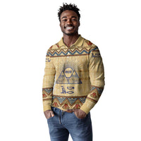 Aker Ancient Egyptian Long Sleeve Polo Shirt with Hieroglyphic Pattern, Pyramid Symbol, and Twin Lion Guardians Motif - Wonder Print Shop