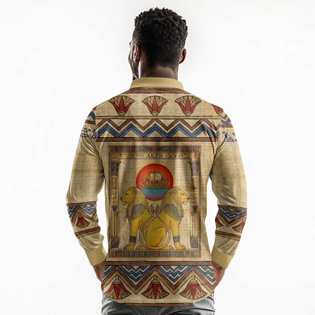 Aker Ancient Egyptian Long Sleeve Polo Shirt with Hieroglyphic Pattern, Pyramid Symbol, and Twin Lion Guardians Motif - Wonder Print Shop