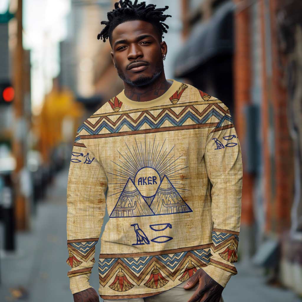 Aker Ancient Egyptian Long Sleeve Shirt with Hieroglyphic Pattern, Pyramid Symbol, and Twin Lion Guardians Motif - Wonder Print Shop