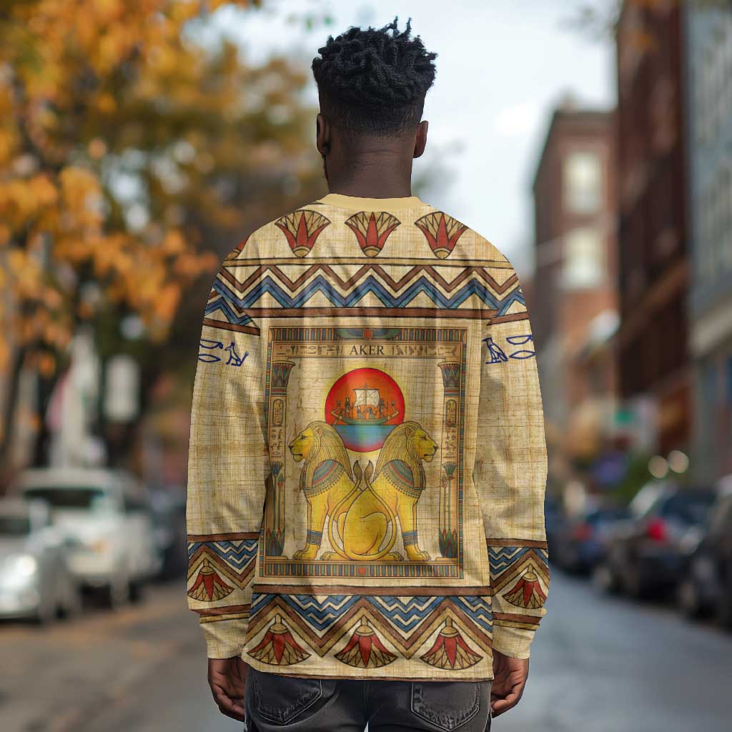 Aker Ancient Egyptian Long Sleeve Shirt with Hieroglyphic Pattern, Pyramid Symbol, and Twin Lion Guardians Motif - Wonder Print Shop