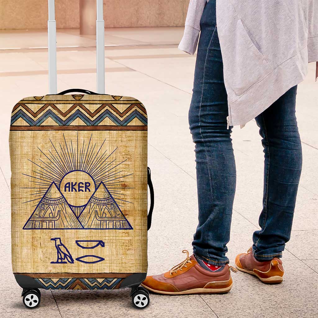 Aker Ancient Egyptian Luggage Cover with Hieroglyphic Pattern, Pyramid Symbol, and Twin Lion Guardians Motif - Wonder Print Shop