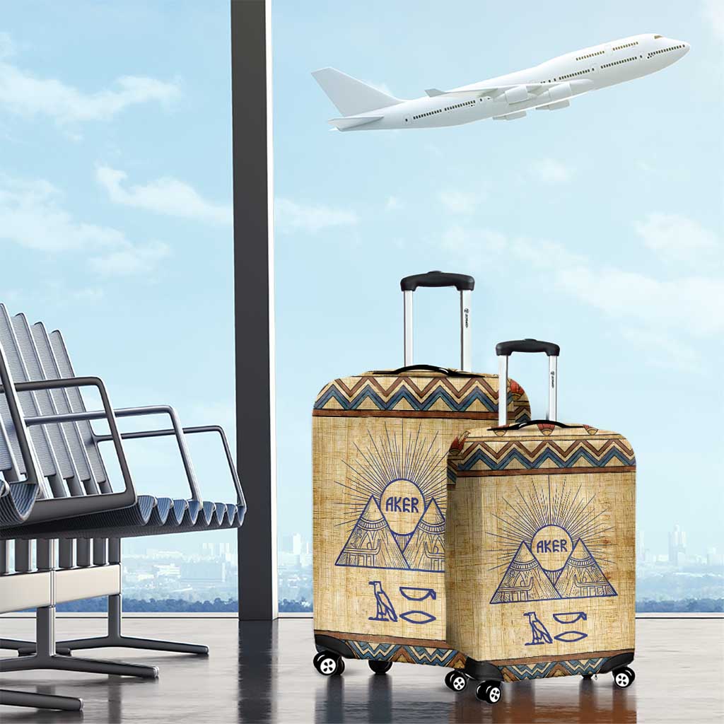Aker Ancient Egyptian Luggage Cover with Hieroglyphic Pattern, Pyramid Symbol, and Twin Lion Guardians Motif - Wonder Print Shop