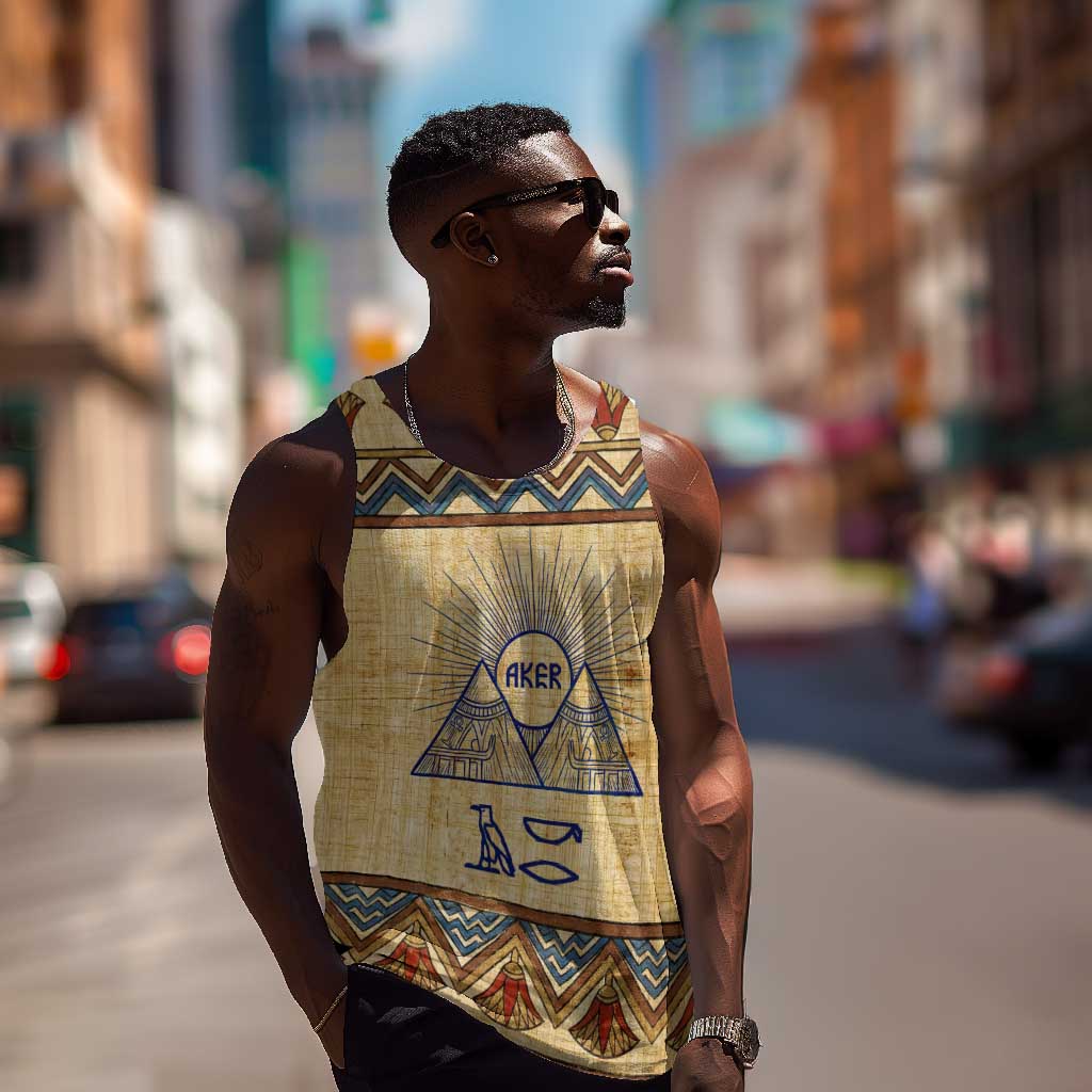 Aker Ancient Egyptian Men Tank Top with Hieroglyphic Pattern, Pyramid Symbol, and Twin Lion Guardians Motif - Wonder Print Shop
