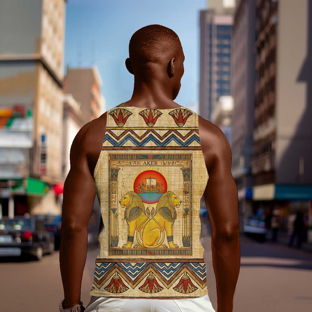 Aker Ancient Egyptian Men Tank Top with Hieroglyphic Pattern, Pyramid Symbol, and Twin Lion Guardians Motif - Wonder Print Shop