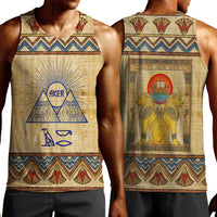 Aker Ancient Egyptian Men Tank Top with Hieroglyphic Pattern, Pyramid Symbol, and Twin Lion Guardians Motif - Wonder Print Shop