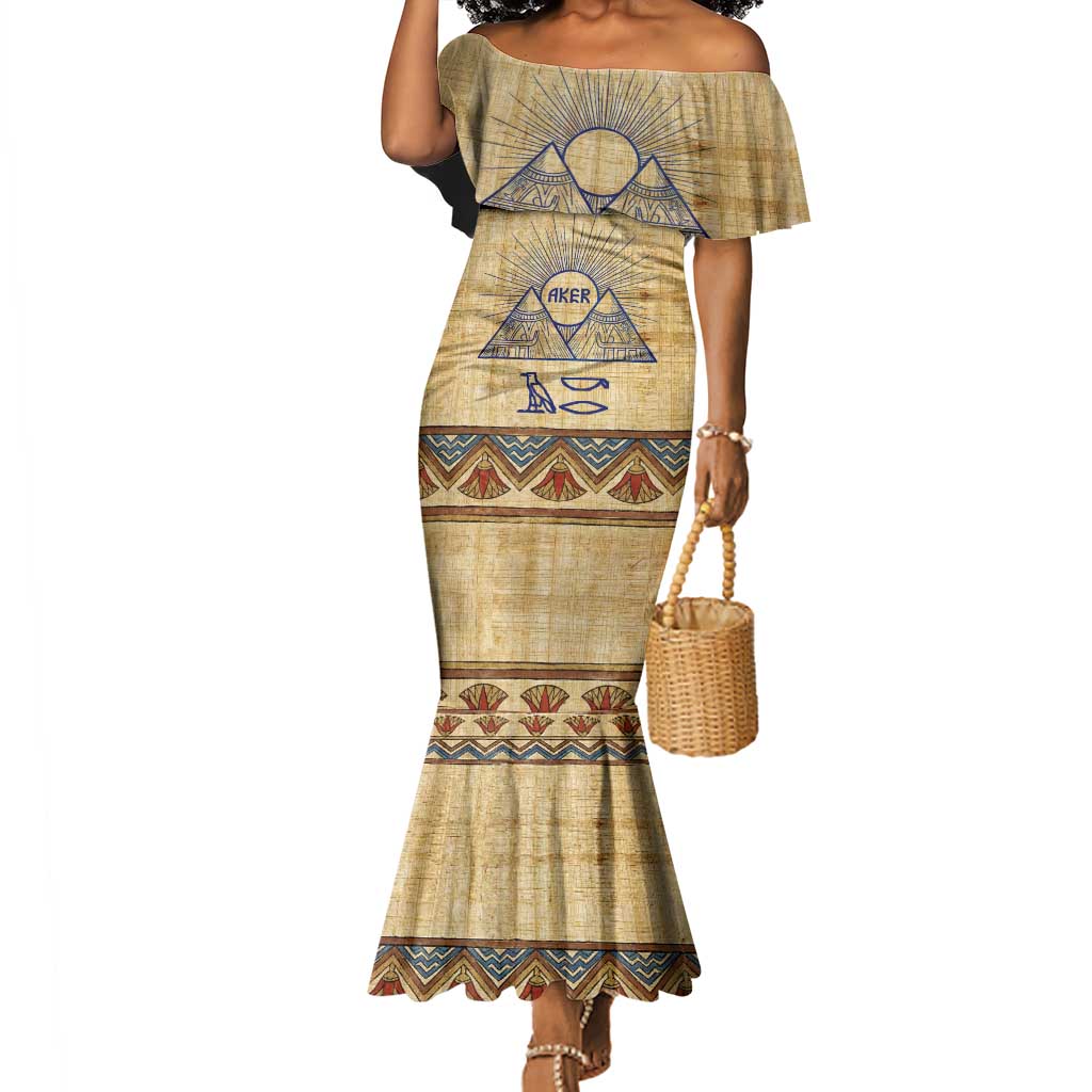 Aker Ancient Egyptian Mermaid Dress with Hieroglyphic Pattern, Pyramid Symbol, and Twin Lion Guardians Motif - Wonder Print Shop
