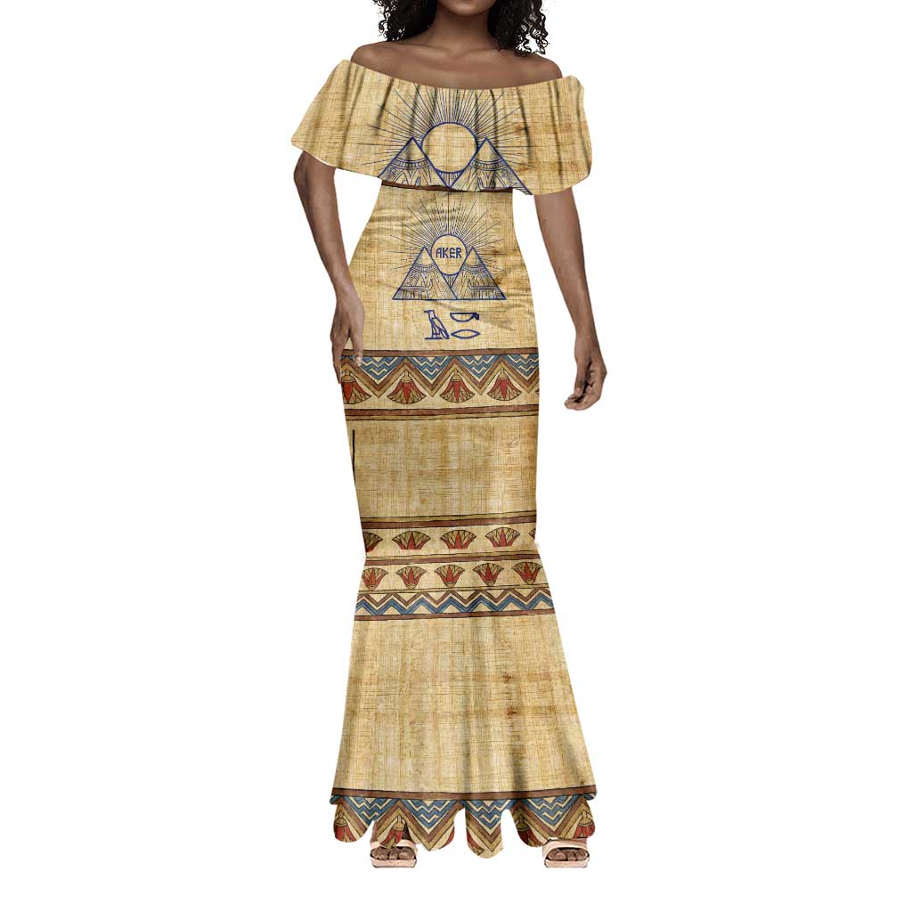 Aker Ancient Egyptian Mermaid Dress with Hieroglyphic Pattern, Pyramid Symbol, and Twin Lion Guardians Motif - Wonder Print Shop