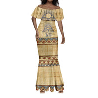 Aker Ancient Egyptian Mermaid Dress with Hieroglyphic Pattern, Pyramid Symbol, and Twin Lion Guardians Motif - Wonder Print Shop