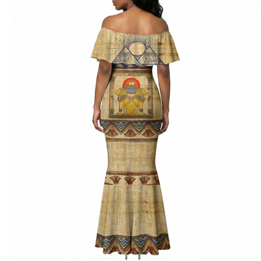 Aker Ancient Egyptian Mermaid Dress with Hieroglyphic Pattern, Pyramid Symbol, and Twin Lion Guardians Motif - Wonder Print Shop