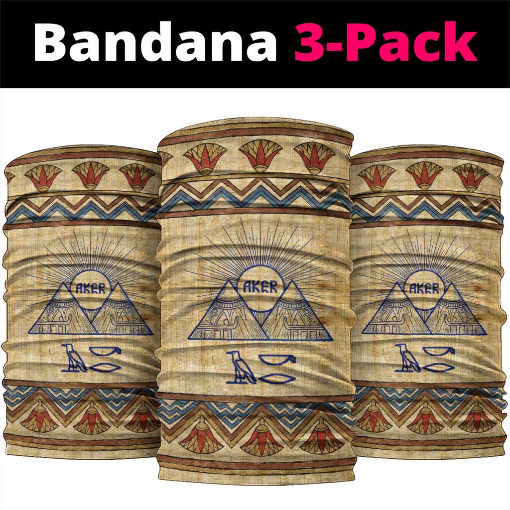 Aker Ancient Egyptian Neck Gaiter with Hieroglyphic Pattern, Pyramid Symbol, and Twin Lion Guardians Motif - Wonder Print Shop