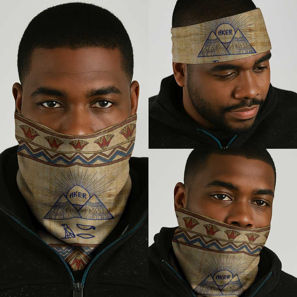 Aker Ancient Egyptian Neck Gaiter with Hieroglyphic Pattern, Pyramid Symbol, and Twin Lion Guardians Motif - Wonder Print Shop