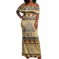 Aker Ancient Egyptian Off Shoulder Maxi Dress with Hieroglyphic Pattern, Pyramid Symbol, and Twin Lion Guardians Motif - Wonder Print Shop