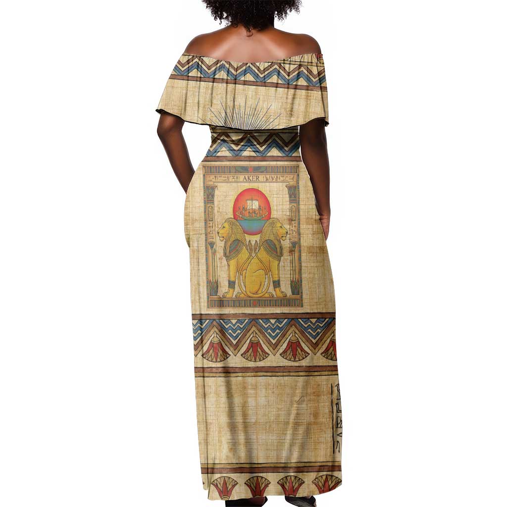 Aker Ancient Egyptian Off Shoulder Maxi Dress with Hieroglyphic Pattern, Pyramid Symbol, and Twin Lion Guardians Motif - Wonder Print Shop