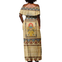 Aker Ancient Egyptian Off Shoulder Maxi Dress with Hieroglyphic Pattern, Pyramid Symbol, and Twin Lion Guardians Motif - Wonder Print Shop