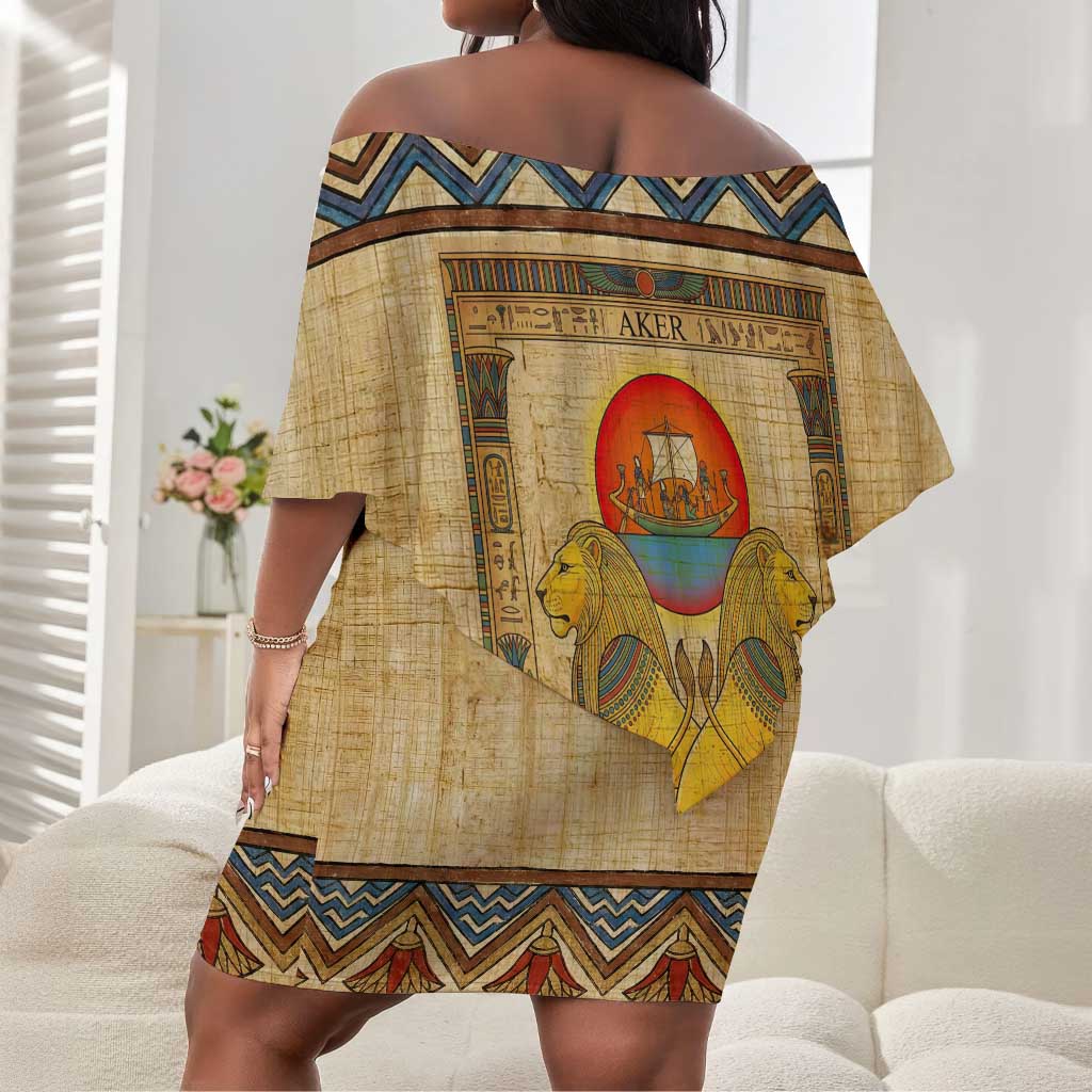Aker Ancient Egyptian Off Shoulder Short Dress with Hieroglyphic Pattern, Pyramid Symbol, and Twin Lion Guardians Motif - Wonder Print Shop