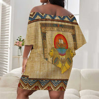 Aker Ancient Egyptian Off Shoulder Short Dress with Hieroglyphic Pattern, Pyramid Symbol, and Twin Lion Guardians Motif - Wonder Print Shop