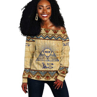 Aker Ancient Egyptian Off Shoulder Sweater with Hieroglyphic Pattern, Pyramid Symbol, and Twin Lion Guardians Motif - Wonder Print Shop