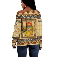 Aker Ancient Egyptian Off Shoulder Sweater with Hieroglyphic Pattern, Pyramid Symbol, and Twin Lion Guardians Motif - Wonder Print Shop