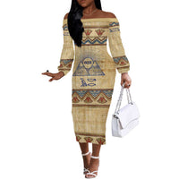 Aker Ancient Egyptian Off The Shoulder Long Sleeve Dress with Hieroglyphic Pattern, Pyramid Symbol, and Twin Lion Guardians Motif - Wonder Print Shop
