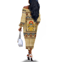 Aker Ancient Egyptian Off The Shoulder Long Sleeve Dress with Hieroglyphic Pattern, Pyramid Symbol, and Twin Lion Guardians Motif - Wonder Print Shop