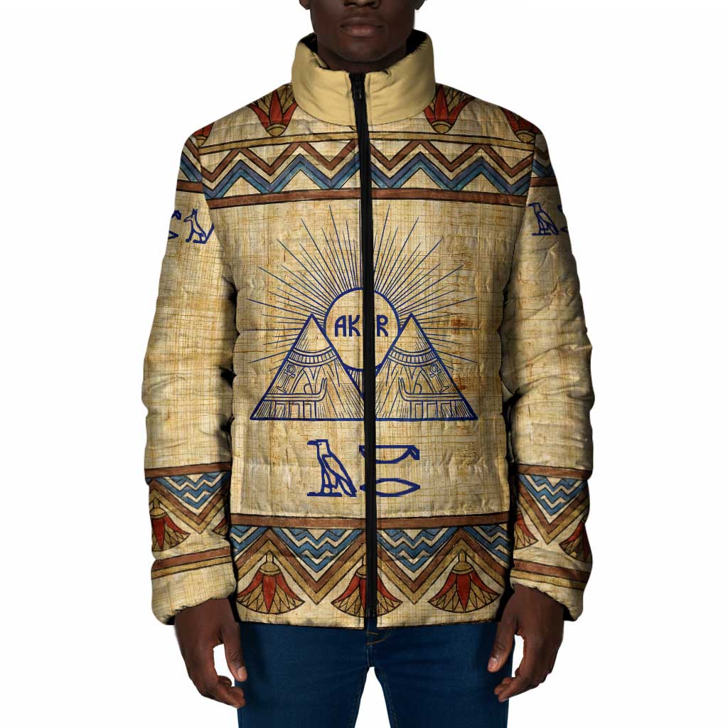 Aker Ancient Egyptian Padded Jacket with Hieroglyphic Pattern, Pyramid Symbol, and Twin Lion Guardians Motif - Wonder Print Shop
