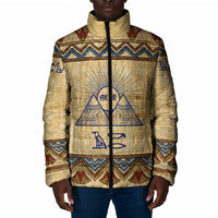 Aker Ancient Egyptian Padded Jacket with Hieroglyphic Pattern, Pyramid Symbol, and Twin Lion Guardians Motif - Wonder Print Shop