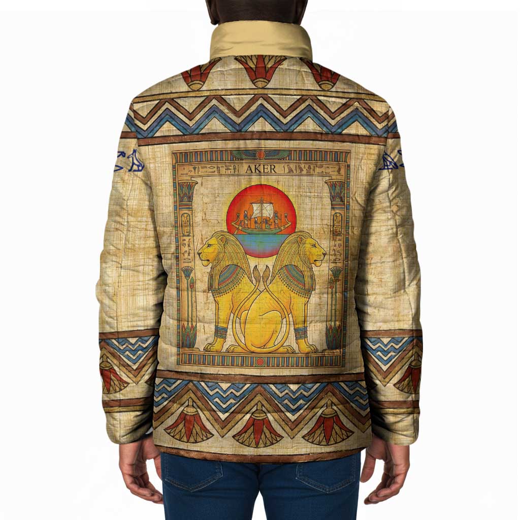 Aker Ancient Egyptian Padded Jacket with Hieroglyphic Pattern, Pyramid Symbol, and Twin Lion Guardians Motif - Wonder Print Shop