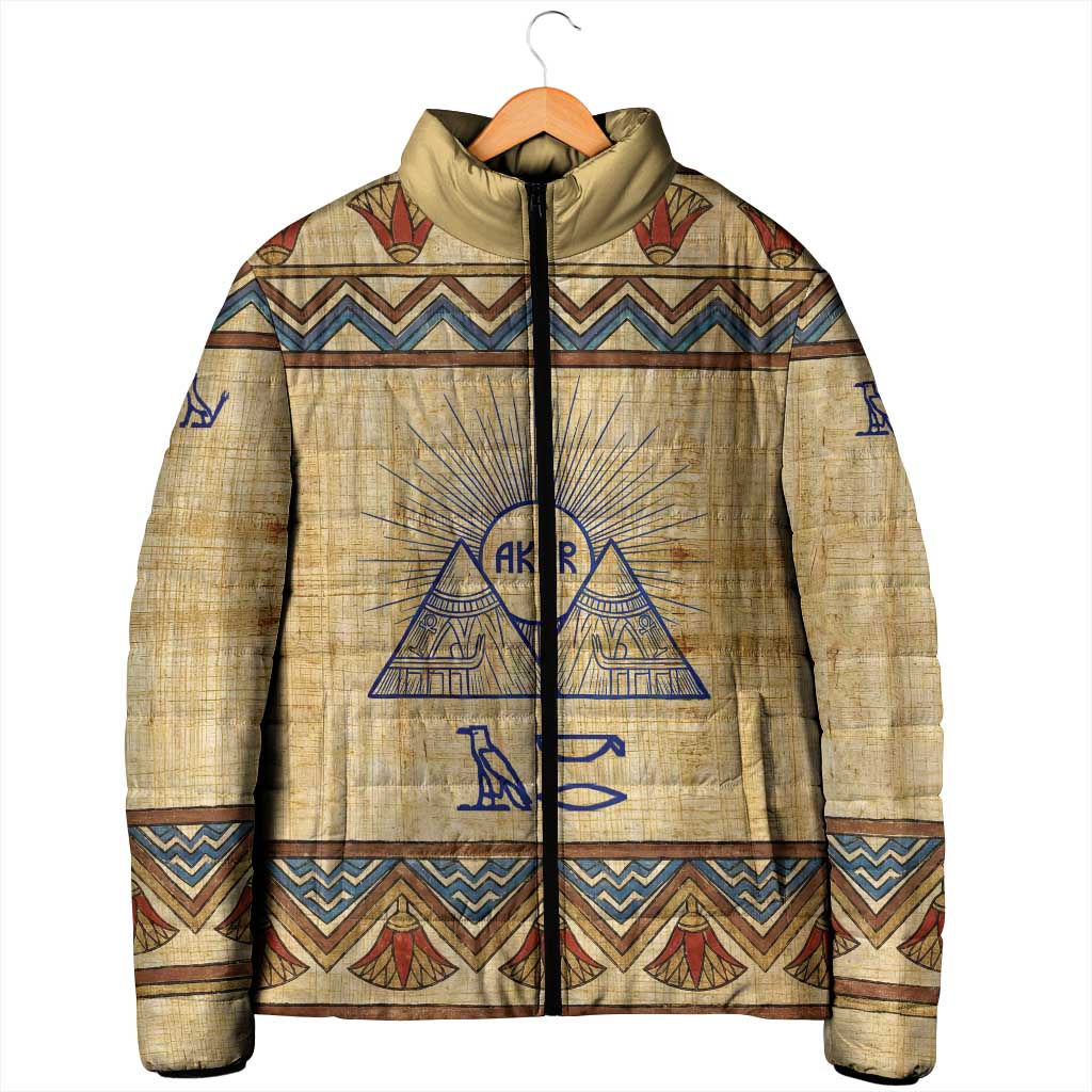 Aker Ancient Egyptian Padded Jacket with Hieroglyphic Pattern, Pyramid Symbol, and Twin Lion Guardians Motif - Wonder Print Shop