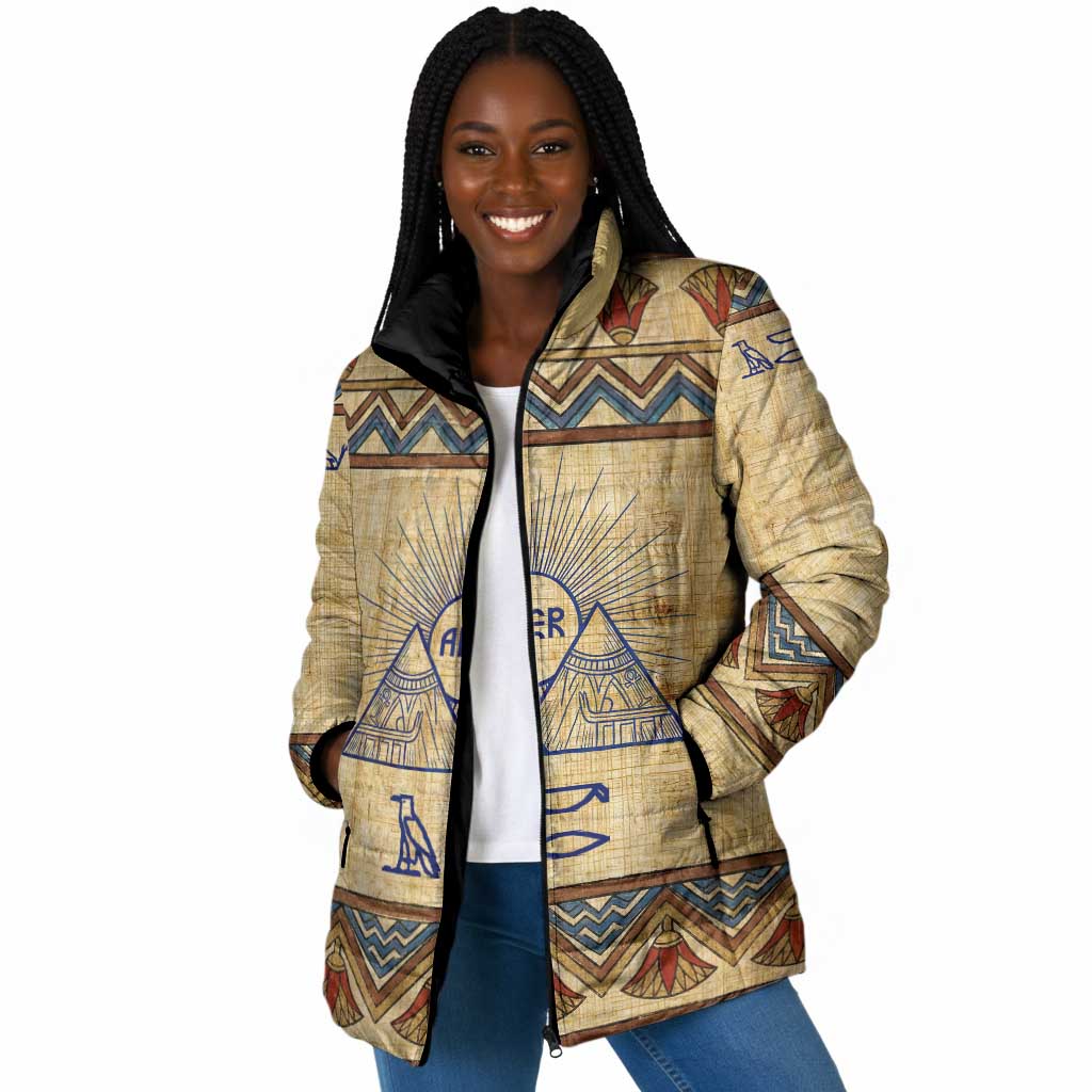 Aker Ancient Egyptian Padded Jacket with Hieroglyphic Pattern, Pyramid Symbol, and Twin Lion Guardians Motif - Wonder Print Shop