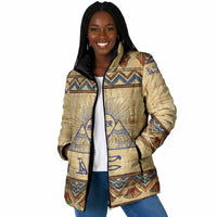 Aker Ancient Egyptian Padded Jacket with Hieroglyphic Pattern, Pyramid Symbol, and Twin Lion Guardians Motif - Wonder Print Shop