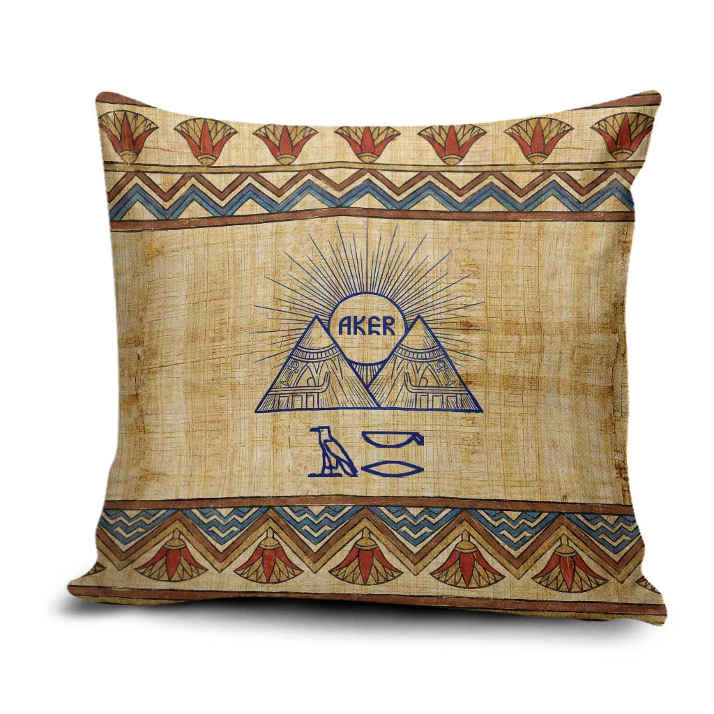 Aker Ancient Egyptian Pillow Cover with Hieroglyphic Pattern, Pyramid Symbol, and Twin Lion Guardians Motif - Wonder Print Shop