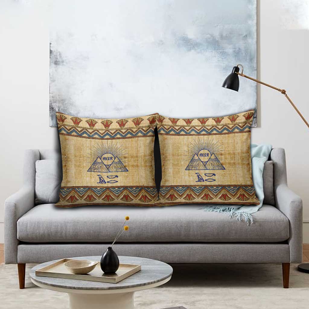 Aker Ancient Egyptian Pillow Cover with Hieroglyphic Pattern, Pyramid Symbol, and Twin Lion Guardians Motif - Wonder Print Shop