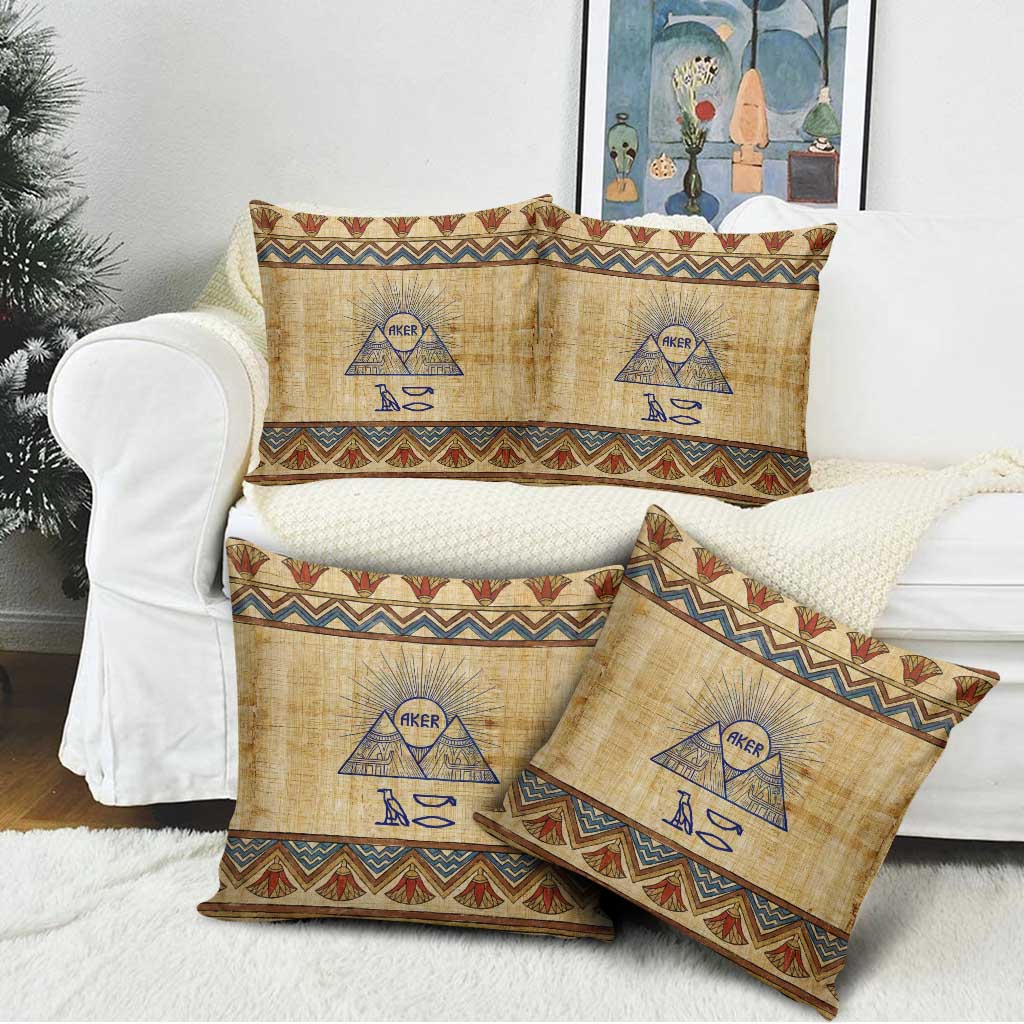 Aker Ancient Egyptian Pillow Cover with Hieroglyphic Pattern, Pyramid Symbol, and Twin Lion Guardians Motif - Wonder Print Shop
