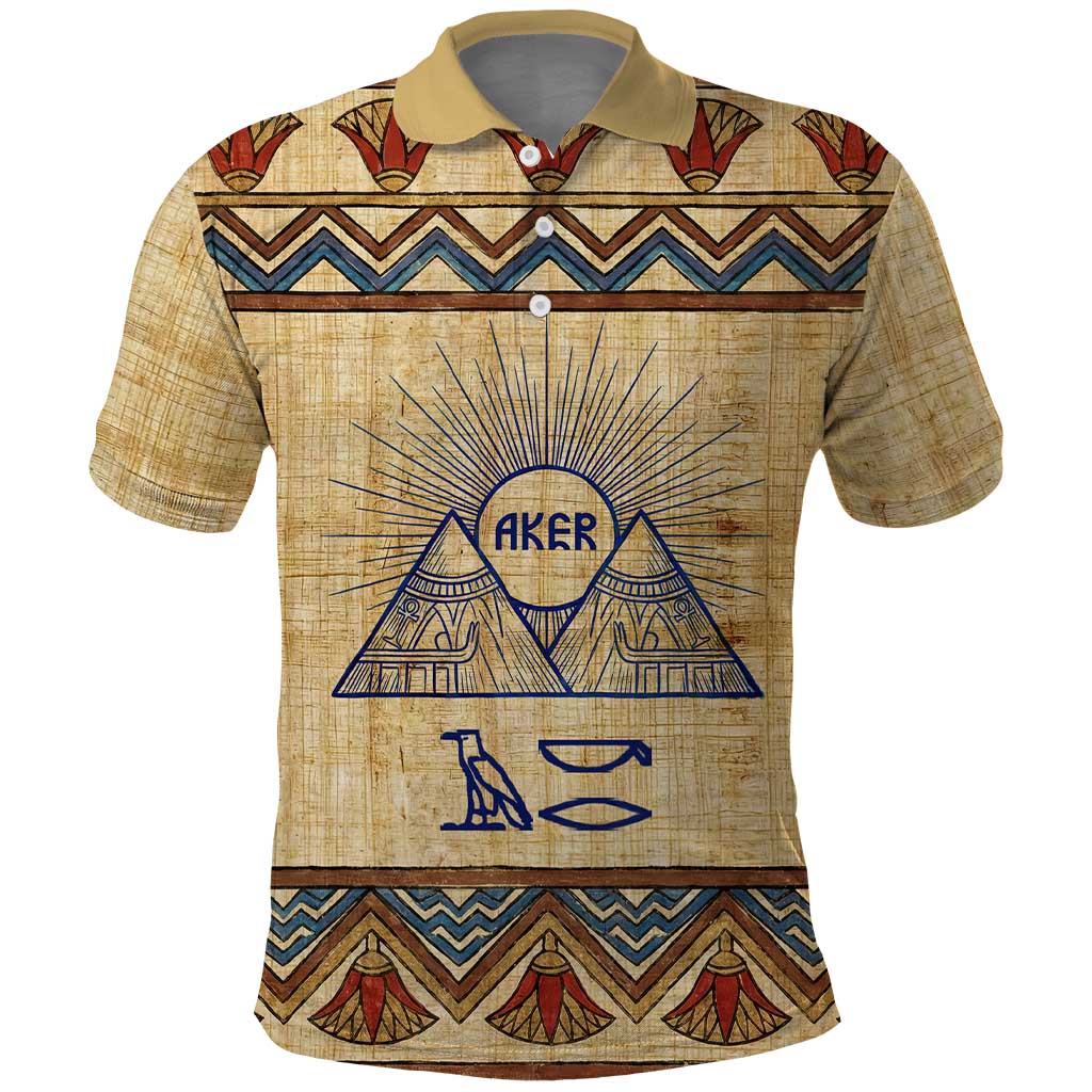 Aker Ancient Egyptian Polo Shirt with Hieroglyphic Pattern, Pyramid Symbol, and Twin Lion Guardians Motif - Wonder Print Shop