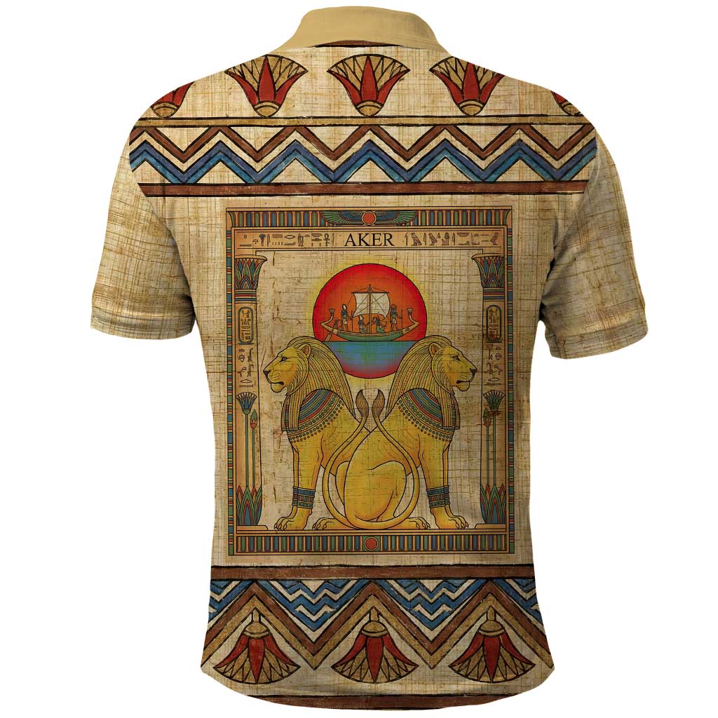 Aker Ancient Egyptian Polo Shirt with Hieroglyphic Pattern, Pyramid Symbol, and Twin Lion Guardians Motif - Wonder Print Shop
