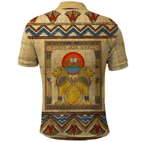 Aker Ancient Egyptian Polo Shirt with Hieroglyphic Pattern, Pyramid Symbol, and Twin Lion Guardians Motif - Wonder Print Shop