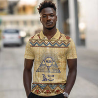 Aker Ancient Egyptian Polo Shirt with Hieroglyphic Pattern, Pyramid Symbol, and Twin Lion Guardians Motif - Wonder Print Shop