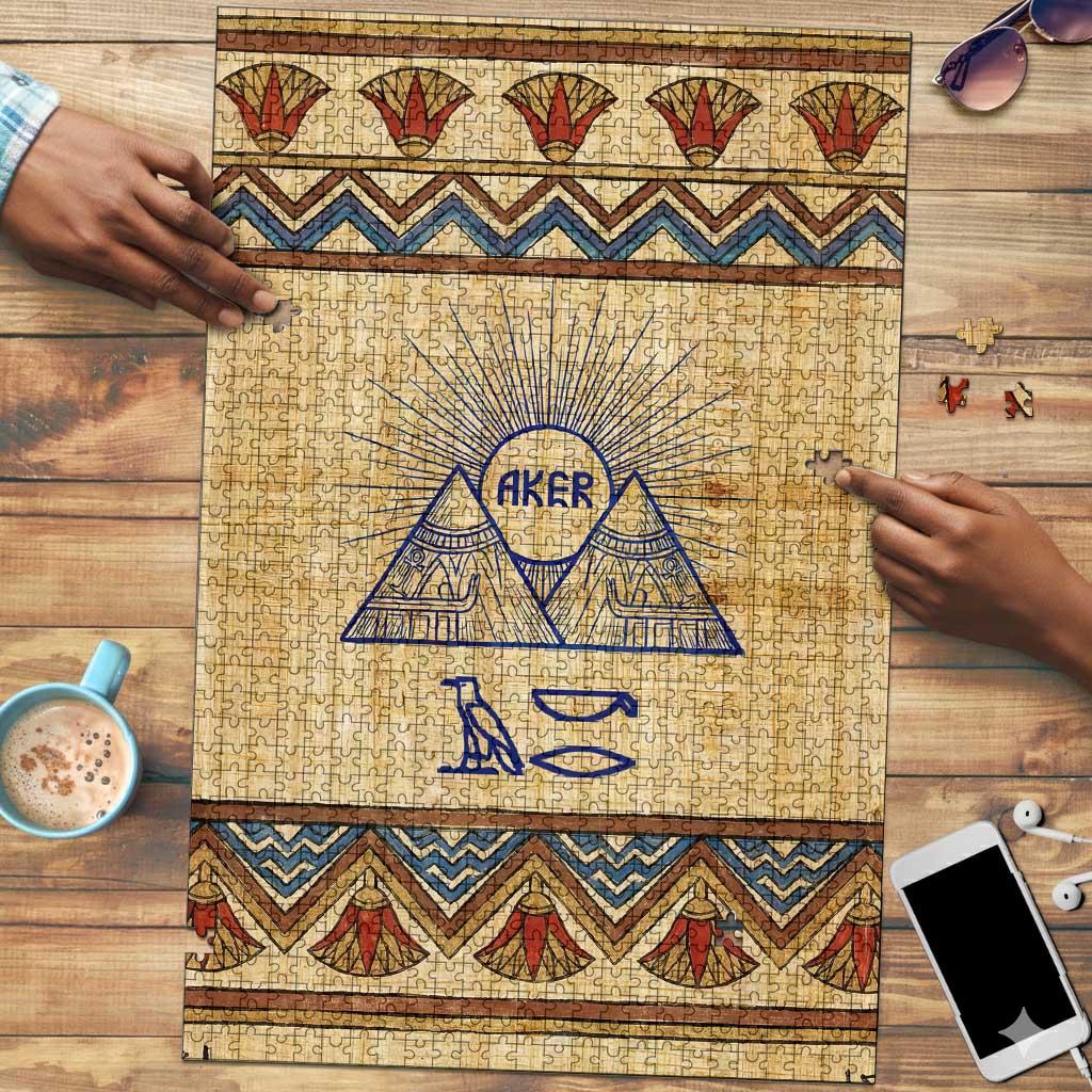 Aker Ancient Egyptian Puzzle with Hieroglyphic Pattern, Pyramid Symbol, and Twin Lion Guardians Motif - Wonder Print Shop