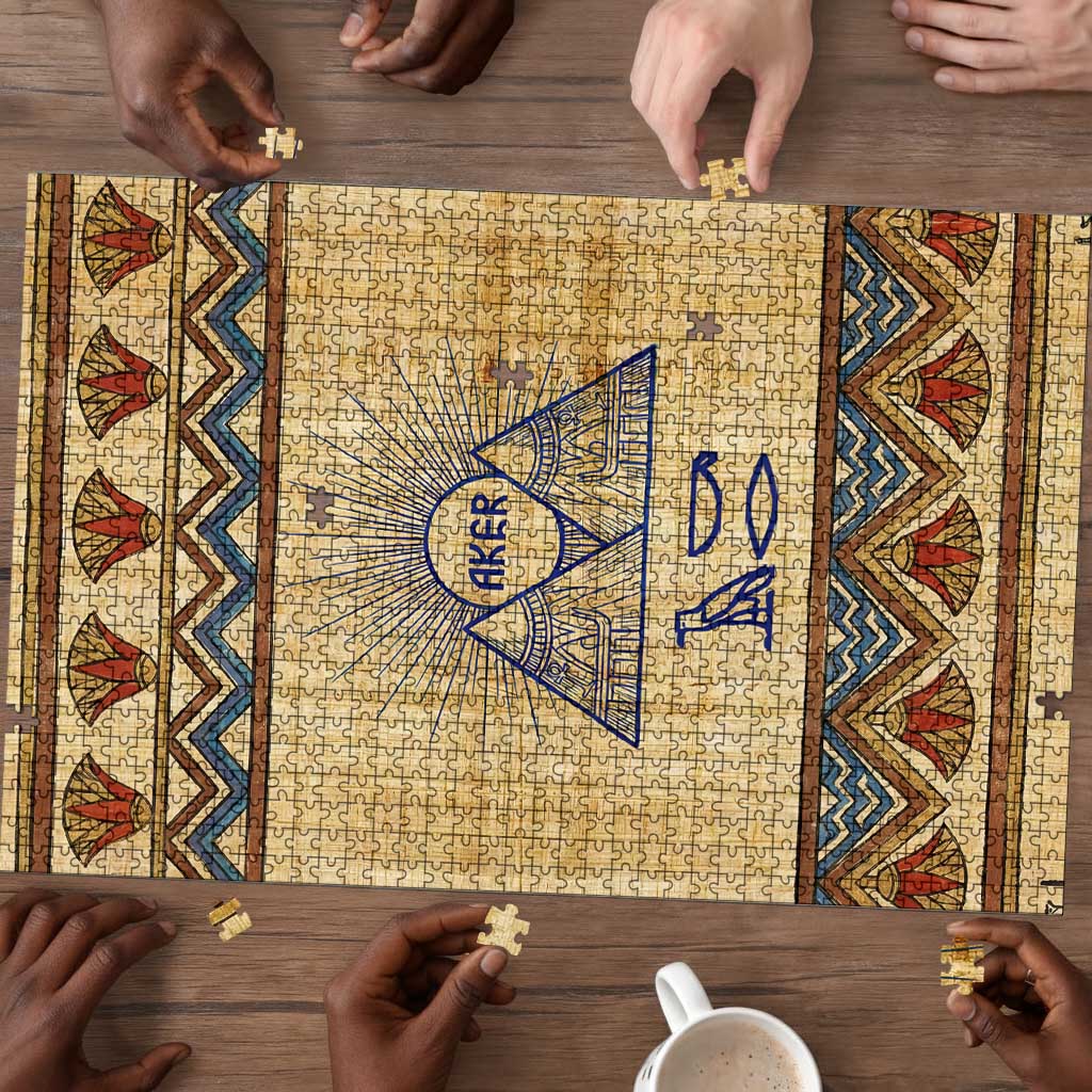 Aker Ancient Egyptian Puzzle with Hieroglyphic Pattern, Pyramid Symbol, and Twin Lion Guardians Motif - Wonder Print Shop
