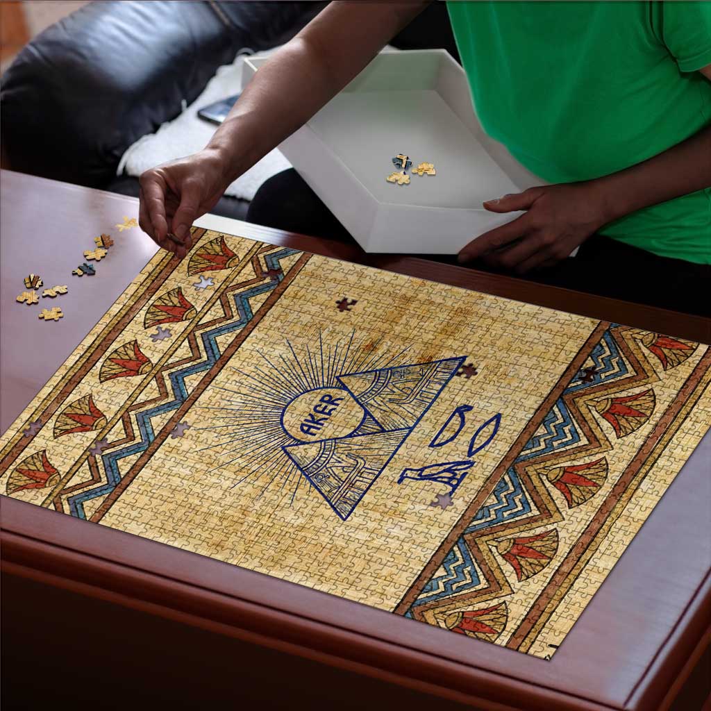 Aker Ancient Egyptian Puzzle with Hieroglyphic Pattern, Pyramid Symbol, and Twin Lion Guardians Motif - Wonder Print Shop