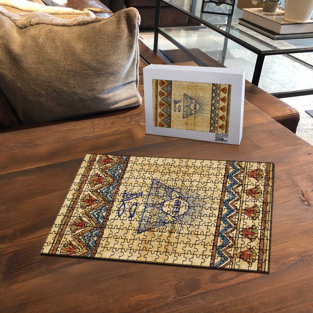 Aker Ancient Egyptian Puzzle with Hieroglyphic Pattern, Pyramid Symbol, and Twin Lion Guardians Motif - Wonder Print Shop