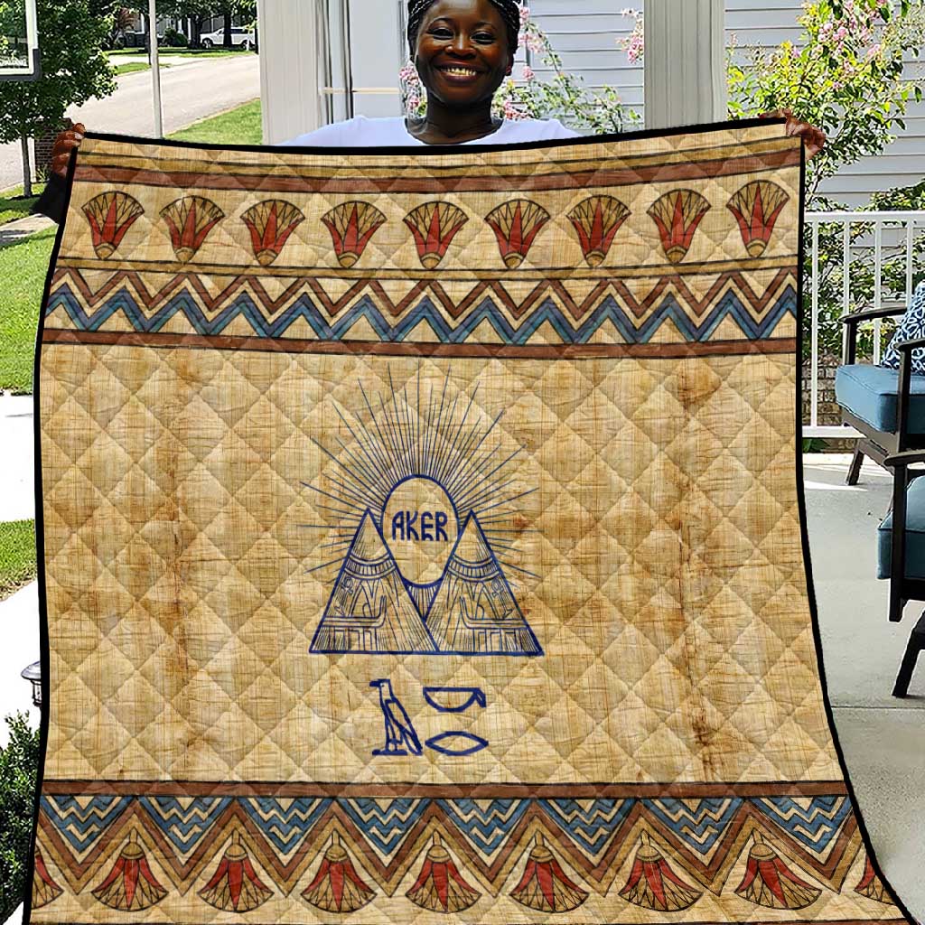 Aker Ancient Egyptian Quilt with Hieroglyphic Pattern, Pyramid Symbol, and Twin Lion Guardians Motif - Wonder Print Shop