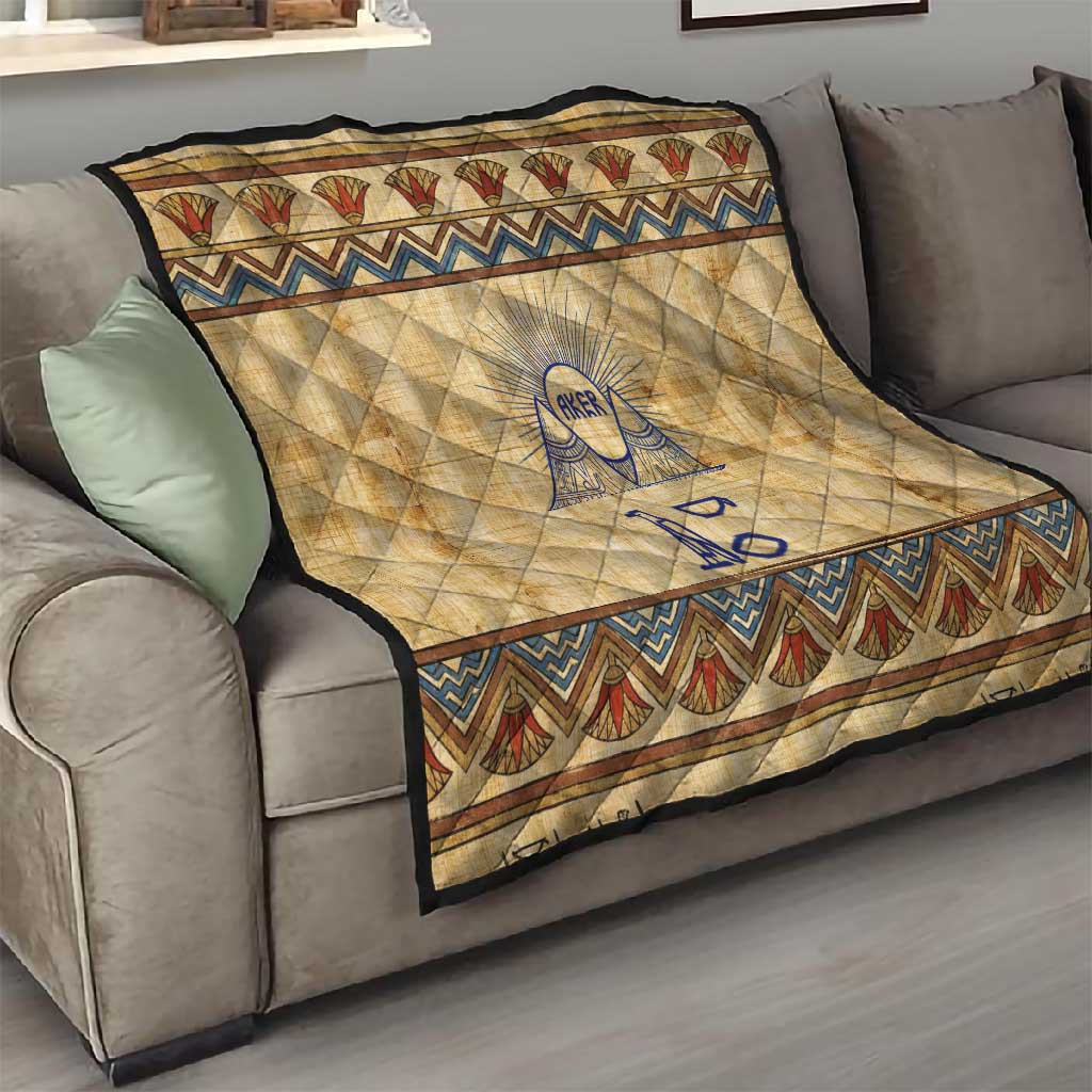 Aker Ancient Egyptian Quilt with Hieroglyphic Pattern, Pyramid Symbol, and Twin Lion Guardians Motif - Wonder Print Shop