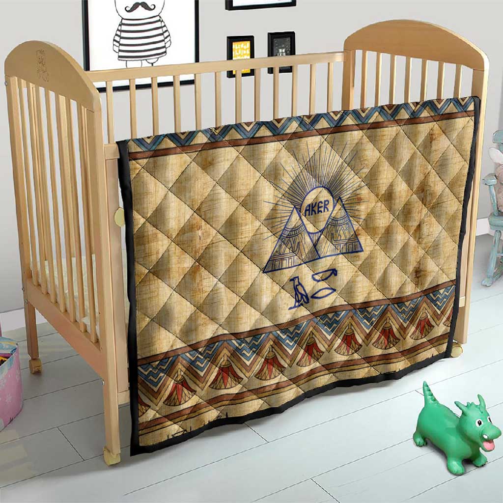 Aker Ancient Egyptian Quilt with Hieroglyphic Pattern, Pyramid Symbol, and Twin Lion Guardians Motif - Wonder Print Shop