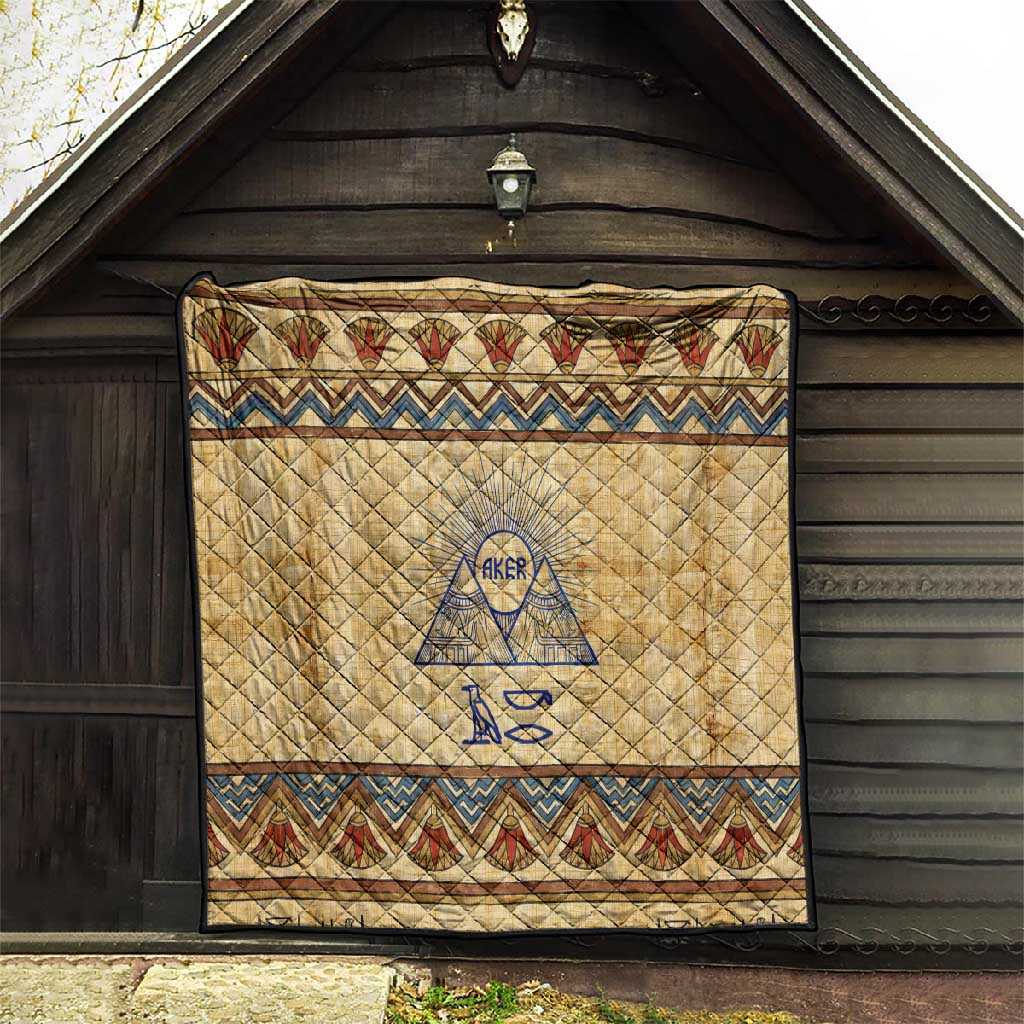 Aker Ancient Egyptian Quilt with Hieroglyphic Pattern, Pyramid Symbol, and Twin Lion Guardians Motif - Wonder Print Shop