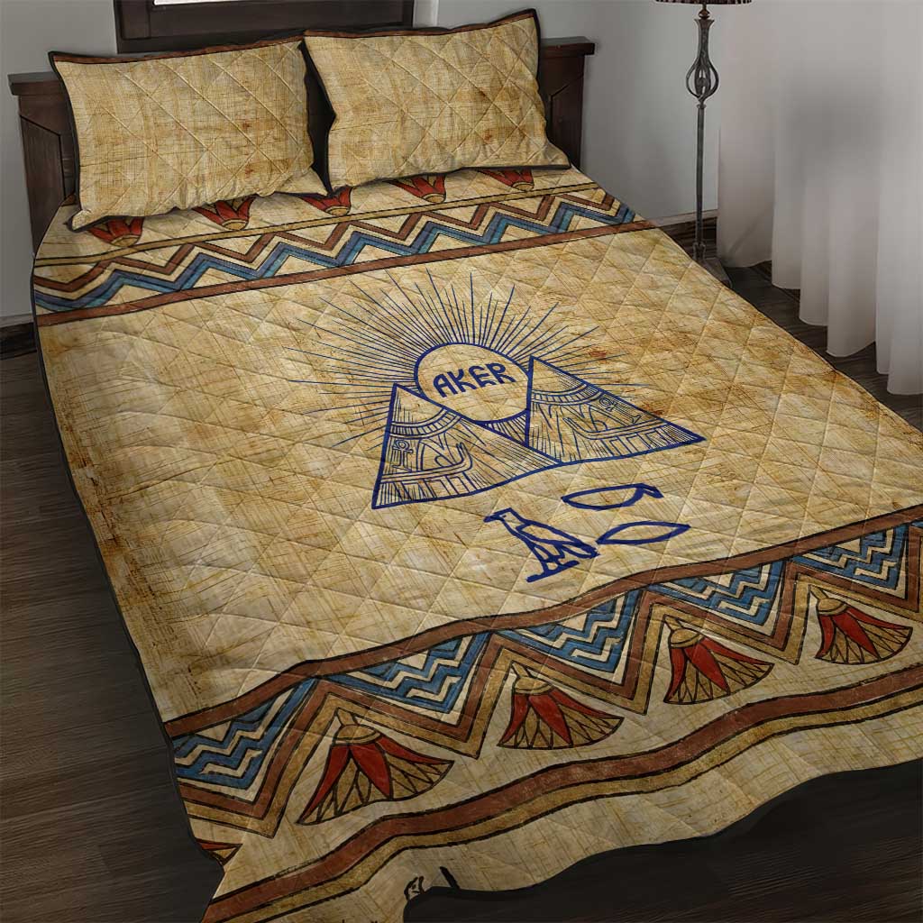Aker Ancient Egyptian Quilt Bed Set with Hieroglyphic Pattern, Pyramid Symbol, and Twin Lion Guardians Motif - Wonder Print Shop