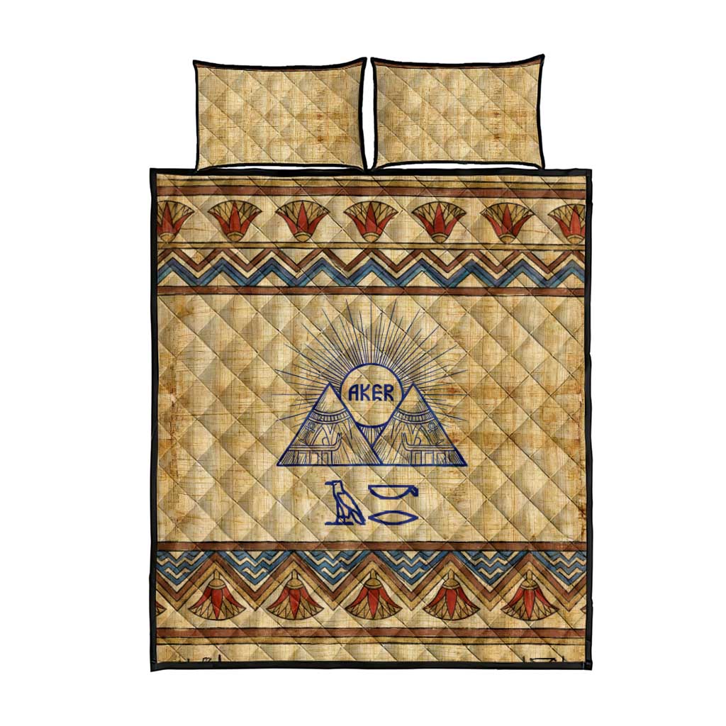 Aker Ancient Egyptian Quilt Bed Set with Hieroglyphic Pattern, Pyramid Symbol, and Twin Lion Guardians Motif - Wonder Print Shop