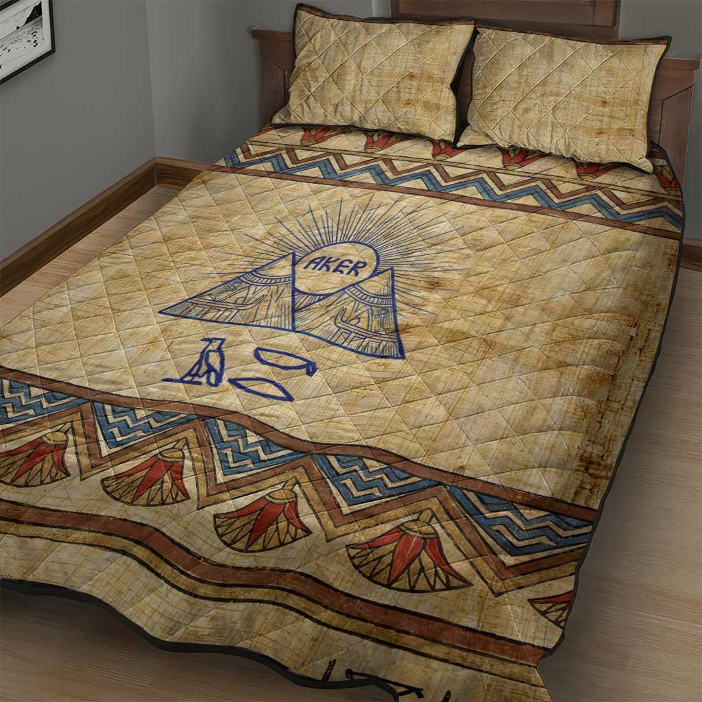 Aker Ancient Egyptian Quilt Bed Set with Hieroglyphic Pattern, Pyramid Symbol, and Twin Lion Guardians Motif - Wonder Print Shop