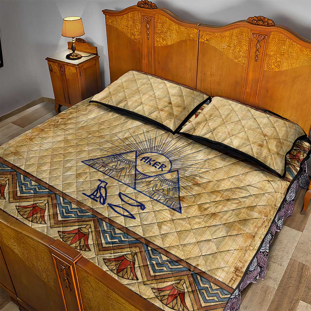 Aker Ancient Egyptian Quilt Bed Set with Hieroglyphic Pattern, Pyramid Symbol, and Twin Lion Guardians Motif - Wonder Print Shop