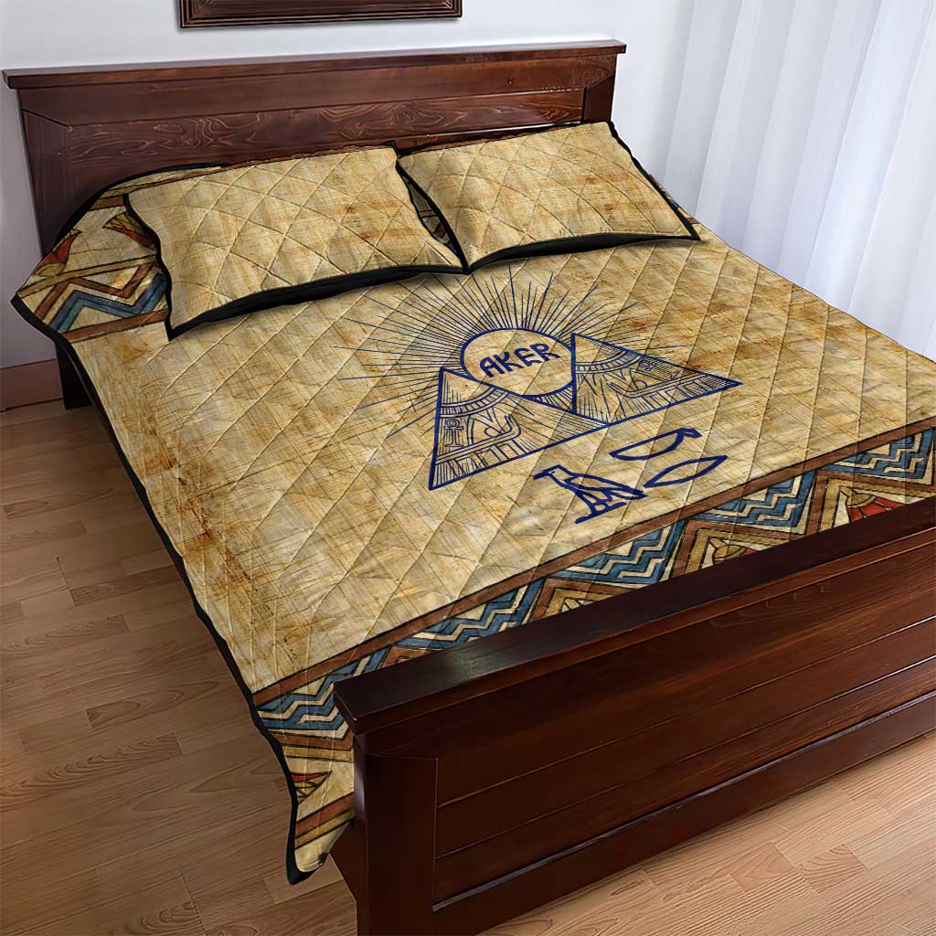 Aker Ancient Egyptian Quilt Bed Set with Hieroglyphic Pattern, Pyramid Symbol, and Twin Lion Guardians Motif - Wonder Print Shop